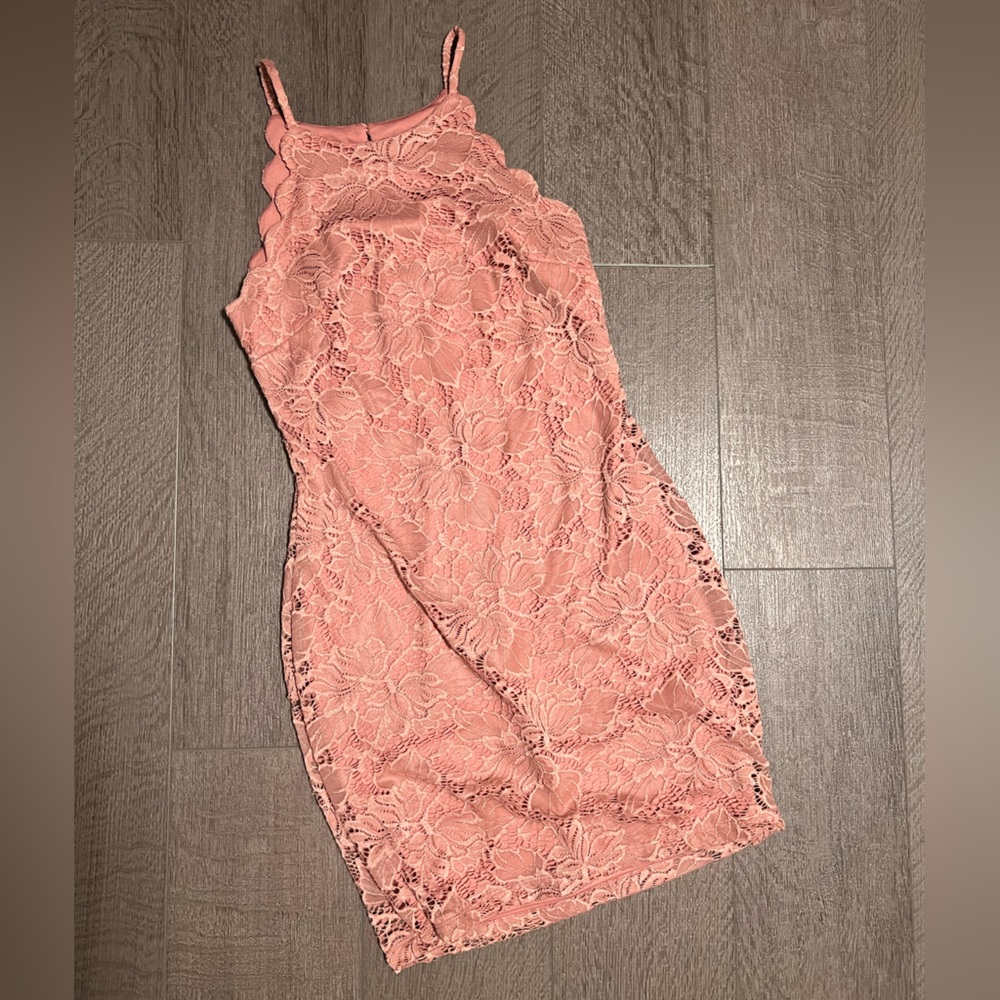 Floral lace, pink mini, semi formal high neck dress